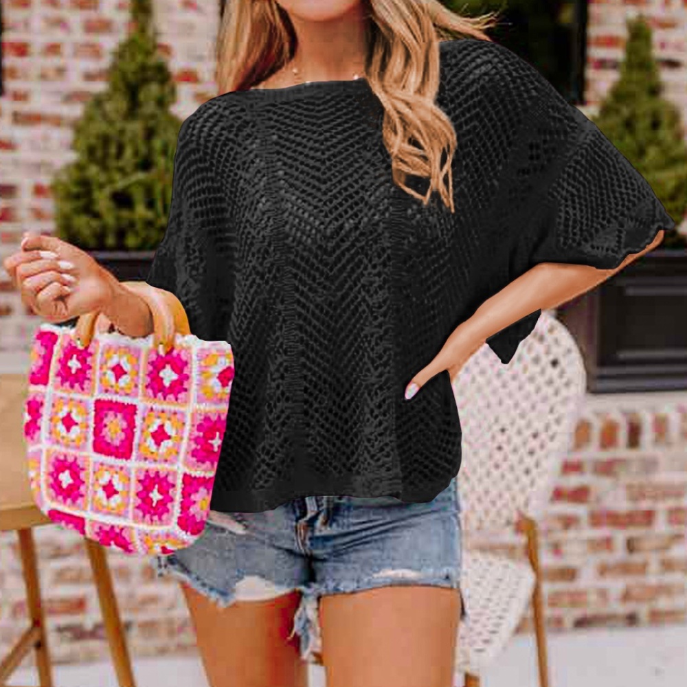 B131 Black Pointelle Knit Scallop Edge Short Sleeve Top - Picture 3 of 4